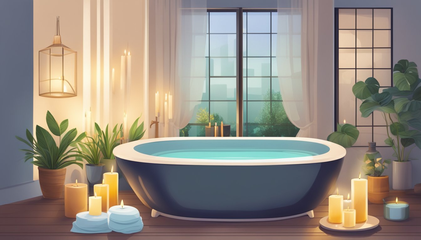 A serene bathroom with a modern bathtub filled with warm water, surrounded by candles and plants, with a towel and essential oils nearby