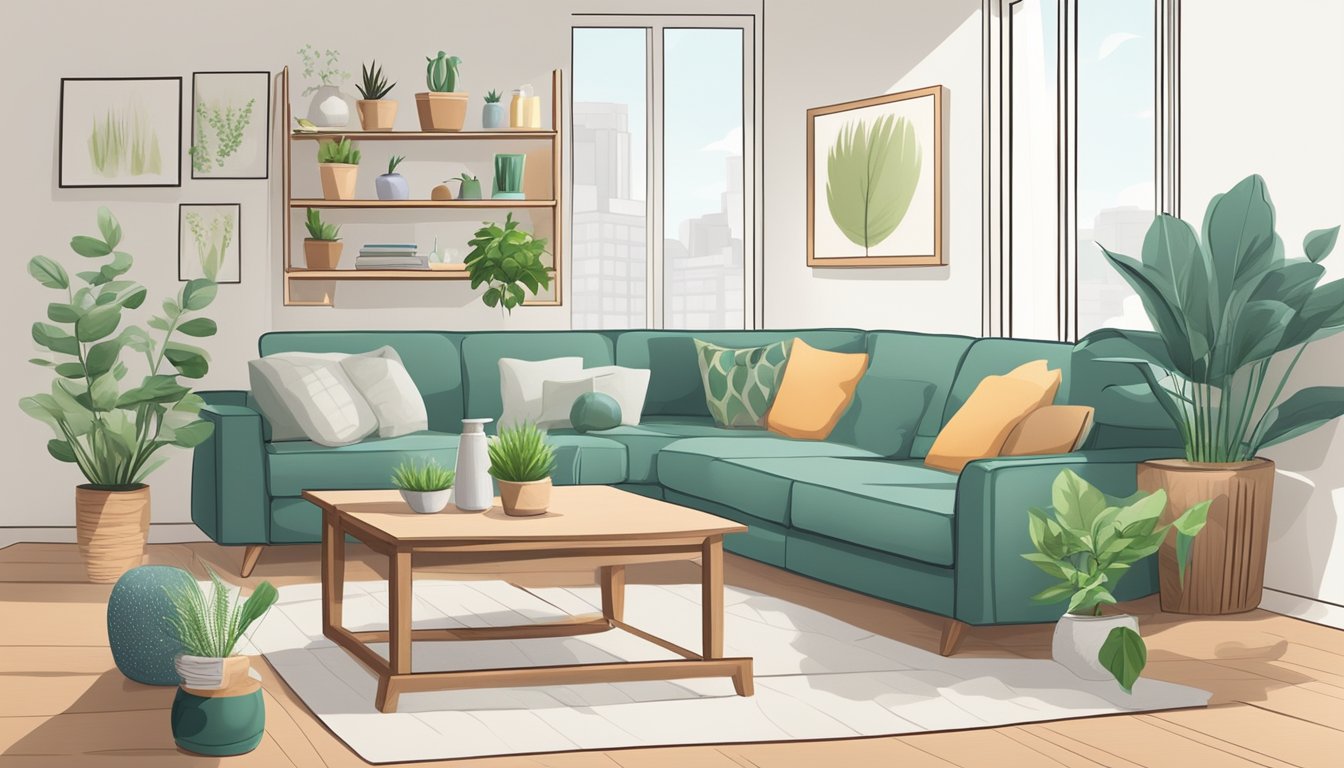 A cozy living room with hypoallergenic furniture, air purifier, and plants. Allergy-friendly cleaning supplies and asthma medication neatly organized on a shelf