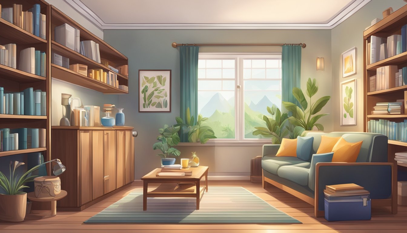 A cozy living room with a bookshelf filled with medical books, a nebulizer on the table, and a cabinet stocked with allergy and asthma medications