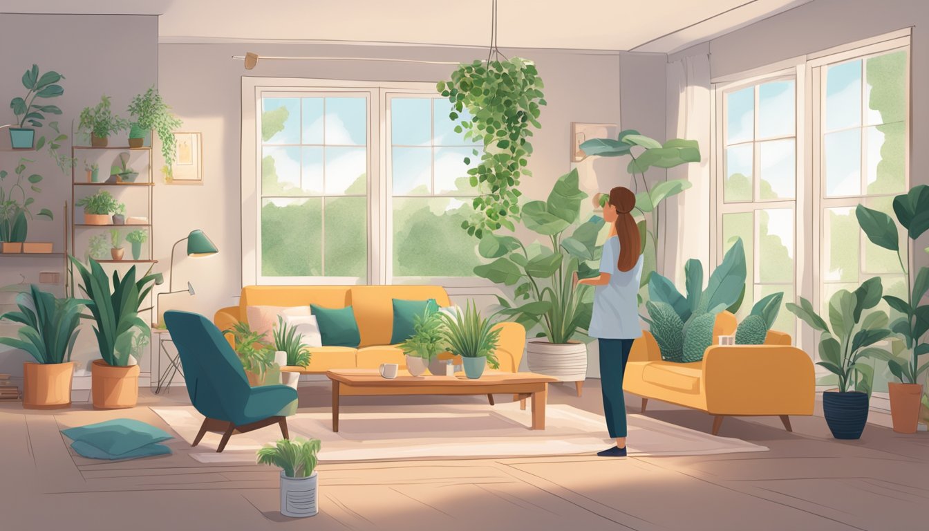 A cozy living room with plants, an air purifier, and allergy-friendly decor. A person uses a dust-free vacuum while another opens windows for fresh air