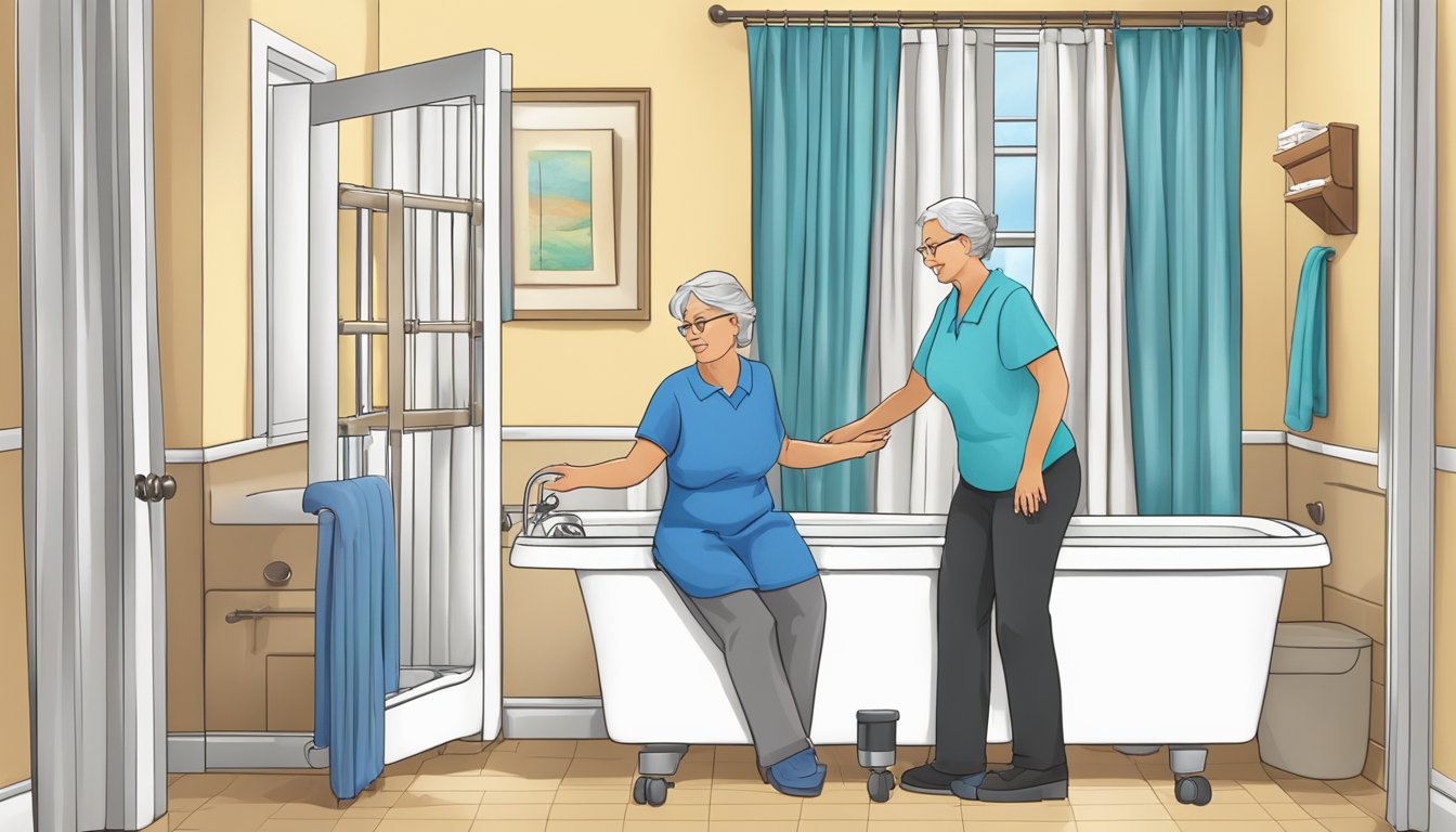 A home care setting with a spacious bathroom featuring a walk-in tub equipped with safety rails and non-slip flooring. A caregiver is assisting a client into the tub