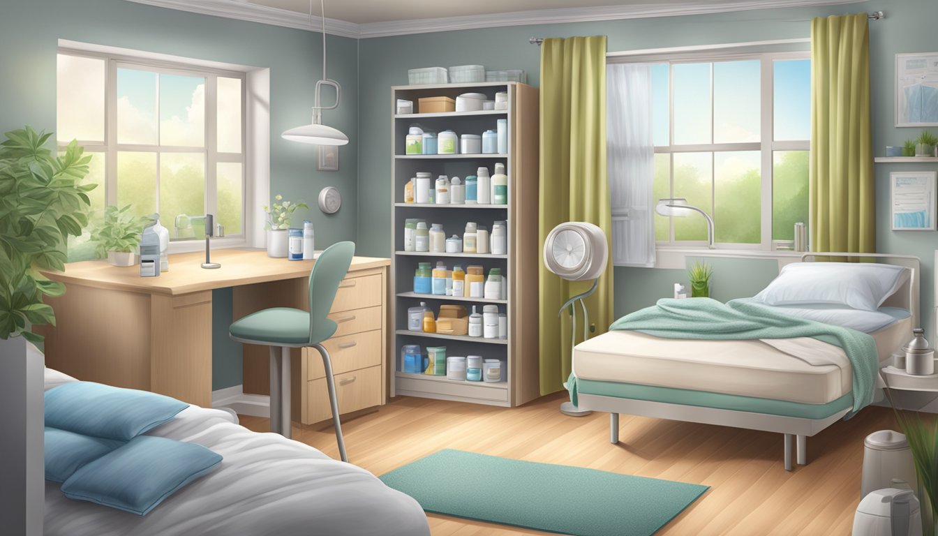 A home care setting with allergy and asthma management items such as medication, air purifiers, and allergen-proof bedding