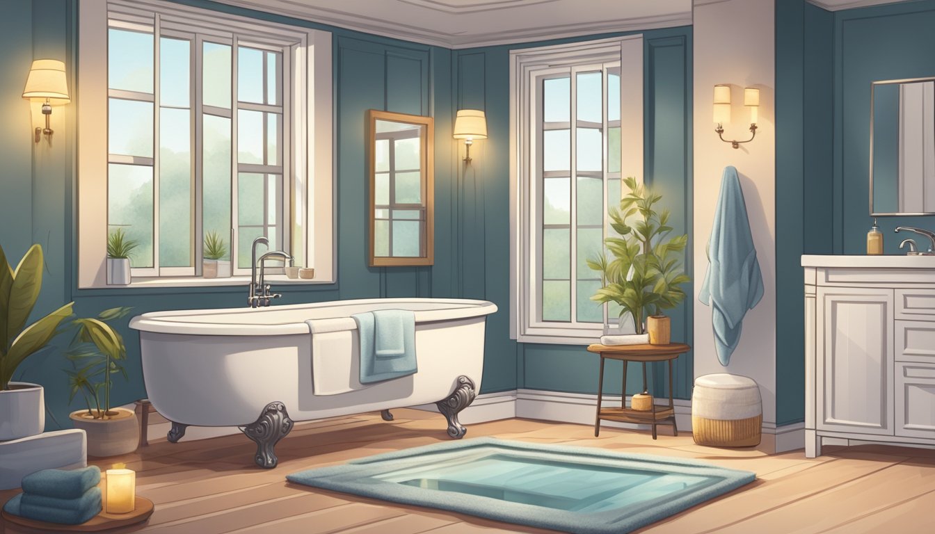 A serene bathroom with a large bathtub filled with warm water and surrounded by candles. A fluffy towel and bathrobe are neatly folded on a nearby stool