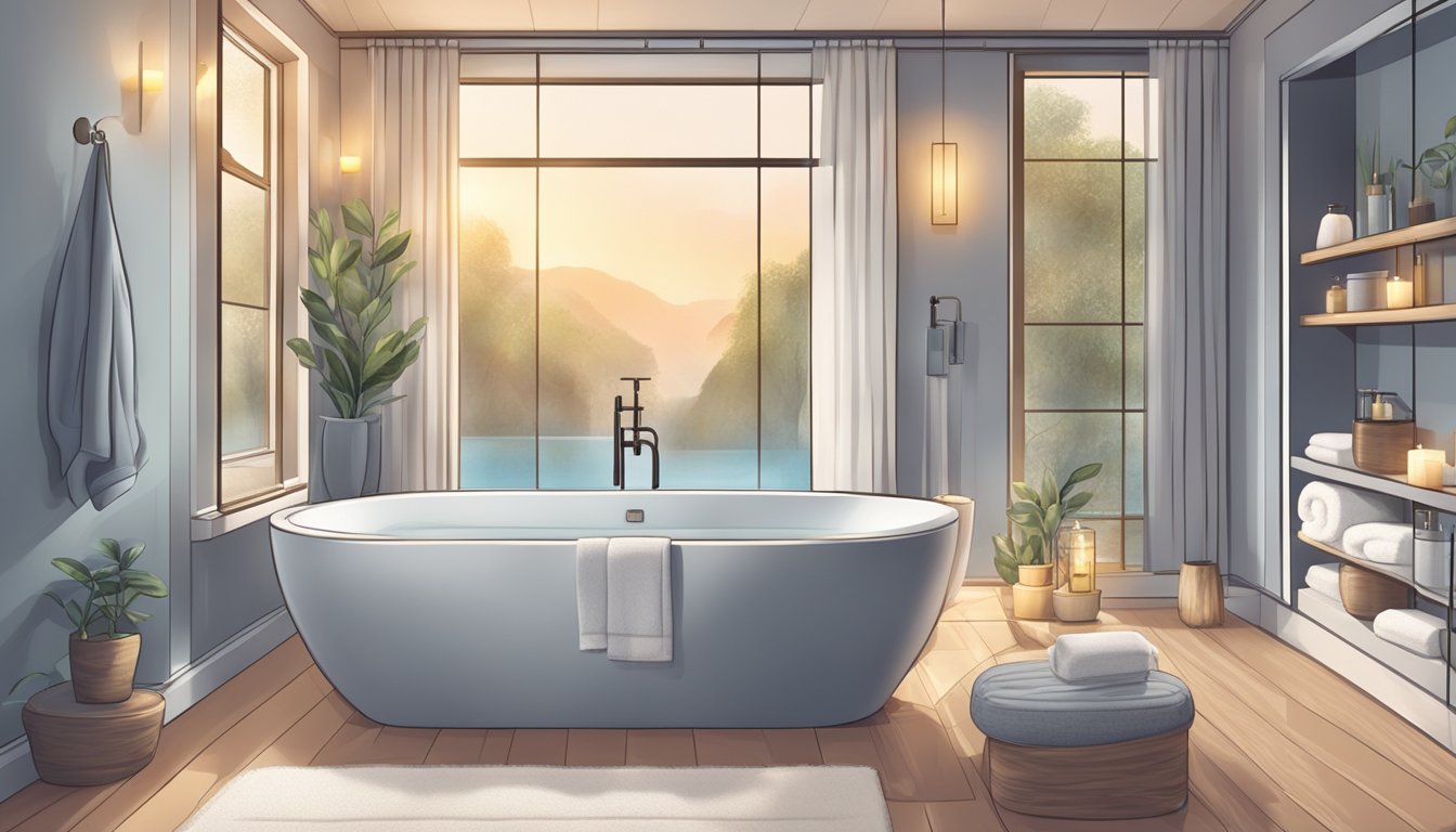 A serene bathroom with a large, modern bathtub filled with warm water and surrounded by soothing candles and plush towels