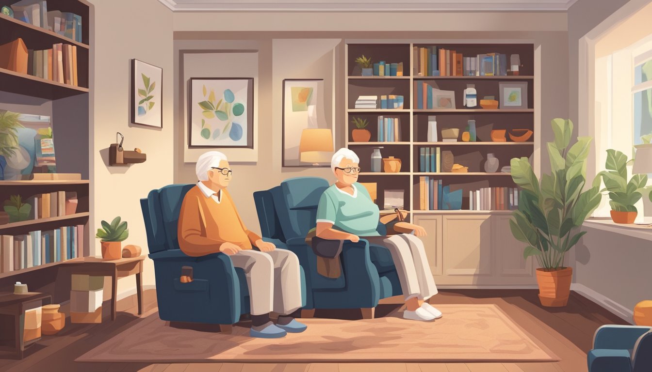 A cozy living room with a recliner, exercise equipment, and shelves stocked with medication and supplements. A caregiver assists an elderly person with a balance exercise