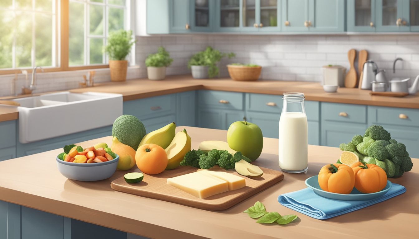 A kitchen counter with a variety of healthy foods, a glass of milk, and a yoga mat in a well-lit home setting