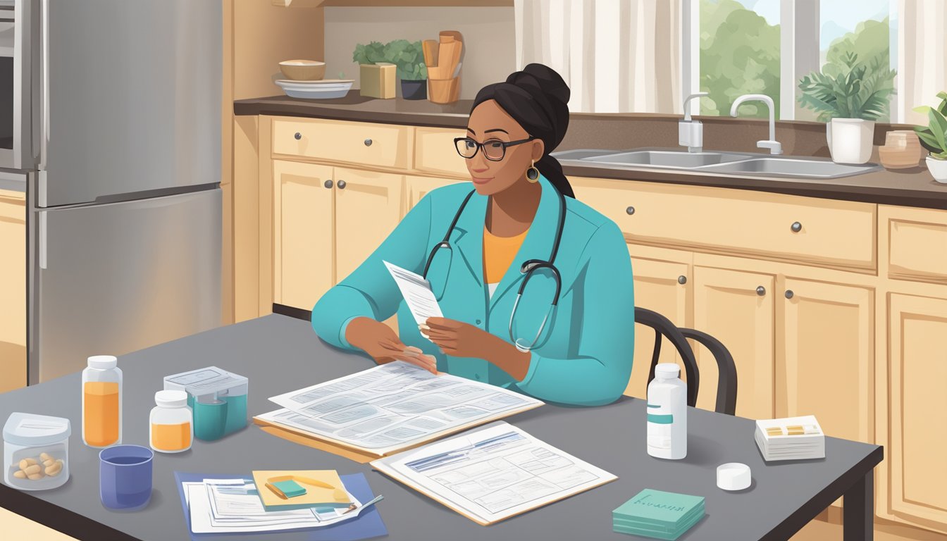 A home care nurse reviewing osteoporosis management materials at a kitchen table, with a pill organizer and informational pamphlets spread out