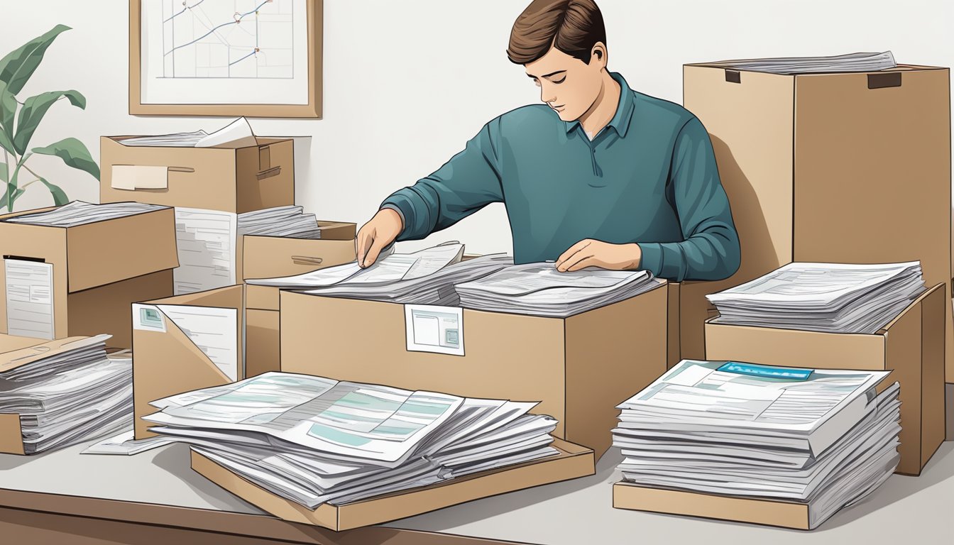 A person packing up a box of financial documents and bank statements, with a map and address book nearby