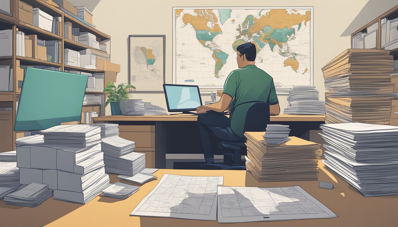 A person at a desk, surrounded by moving boxes, sorting through paperwork and financial documents. A map of the United States is visible in the background