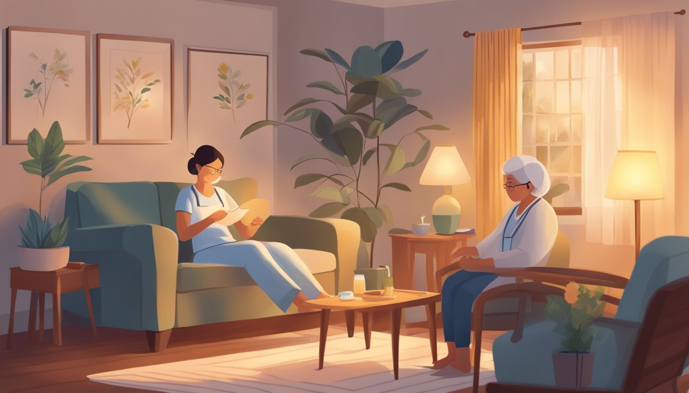 A home care nurse administers acupuncture to a patient in a cozy living room, surrounded by calming decor and soft lighting