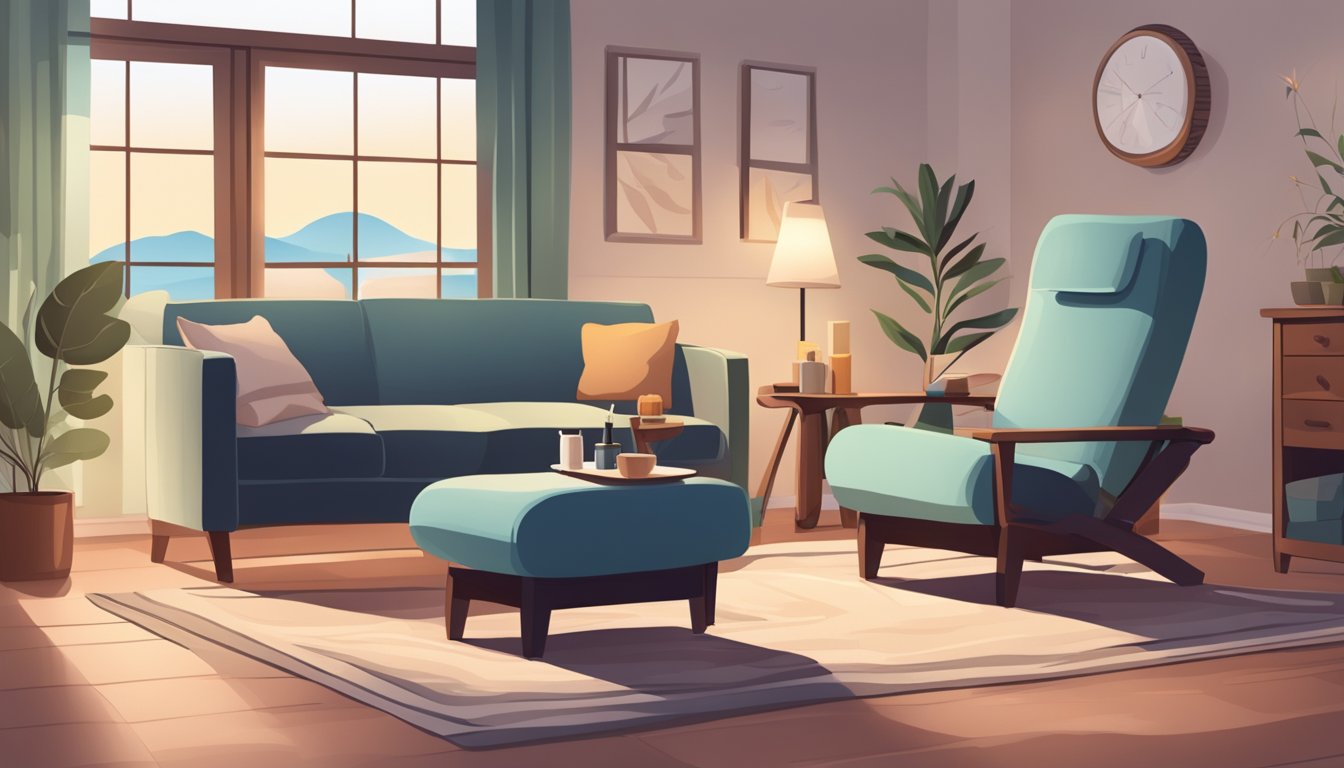 A tranquil home setting with a cozy living room featuring a reclining chair, soft lighting, and a small table with acupuncture supplies