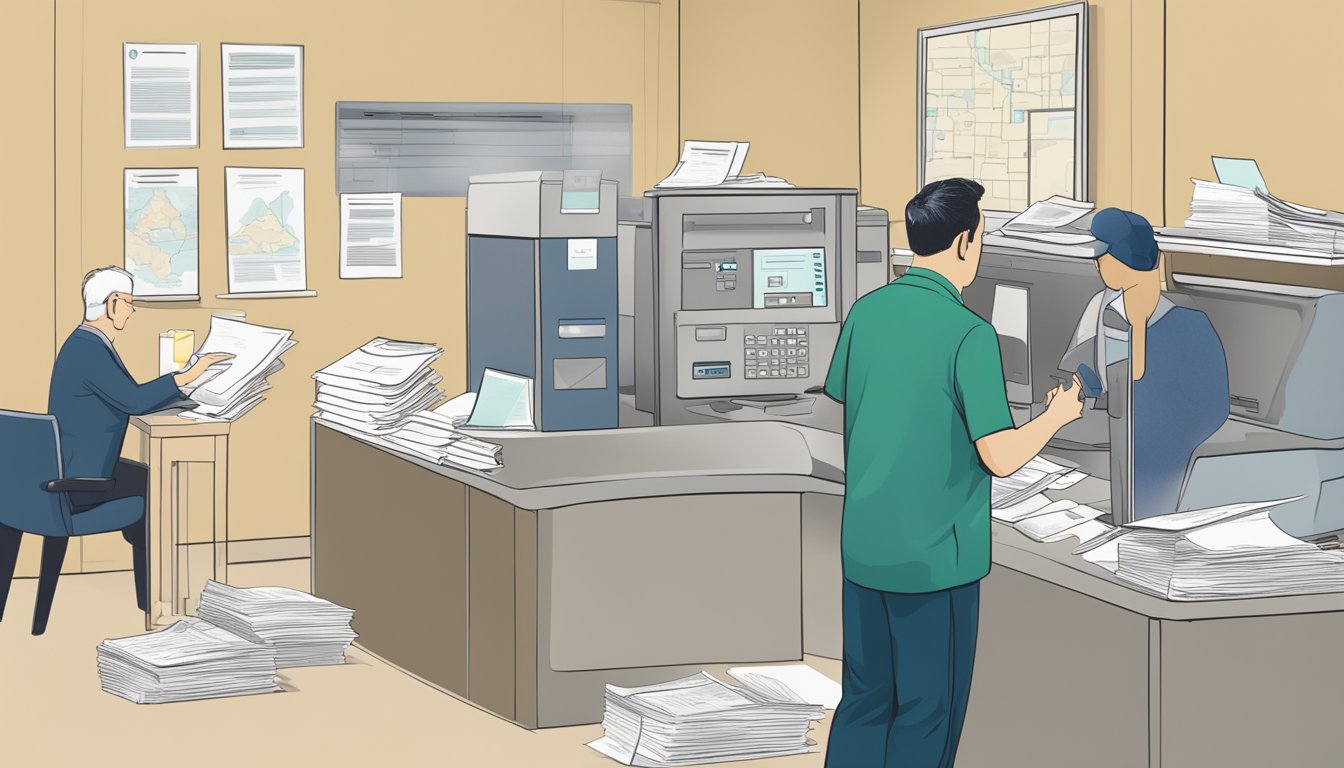 A person updating their address at a bank, with a map showing a move from one state to another, and financial documents being transferred