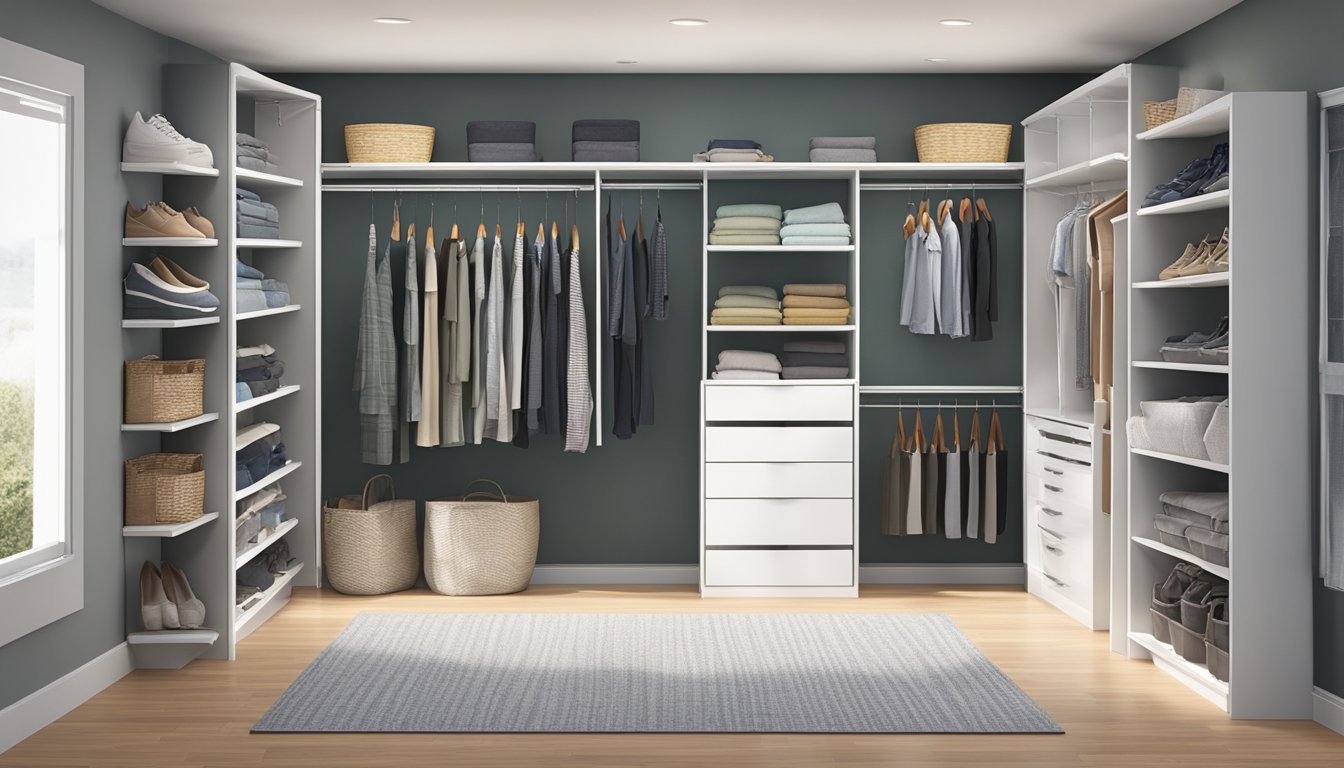 A spacious, well-lit closet with adjustable shelves, low-hanging rods, and clear storage bins for easy access to clothing and personal items