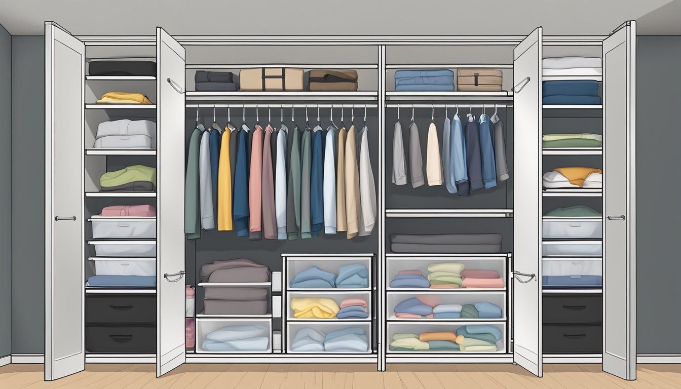 A closet with adjustable shelves, hanging rods, and clear storage bins for easy access. Labels and color-coded sections for different types of clothing and supplies