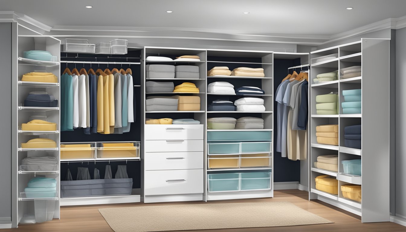 A spacious closet with adjustable shelves, pull-out drawers, and low hanging rods. Labels and clear containers for easy identification