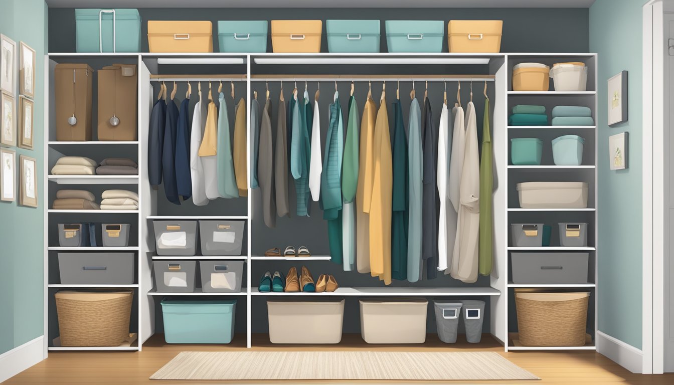 A well-organized closet with labeled shelves, hanging rods, and storage bins for easy access and functionality