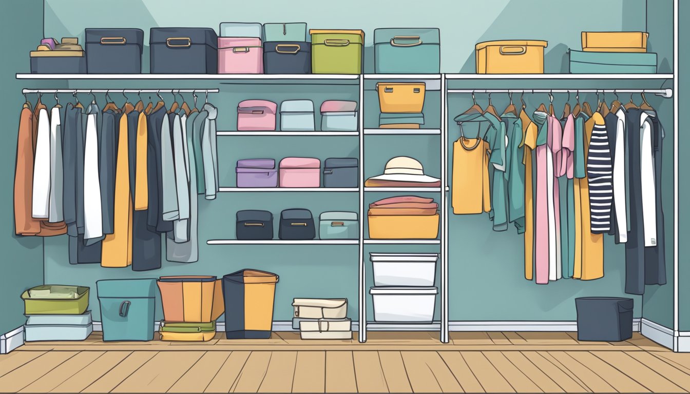 A neatly organized closet with labeled shelves and bins for easy access. Hanging clothes are sorted by type and color