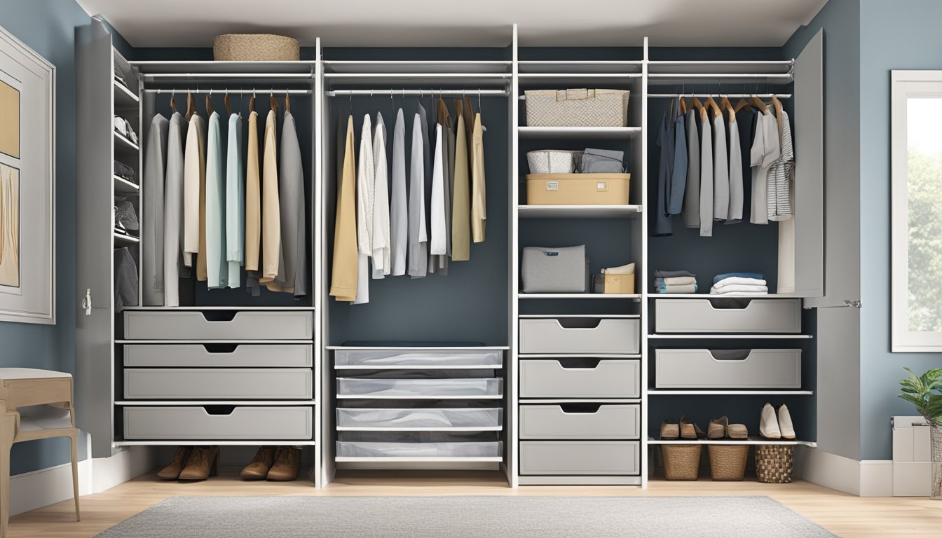 A spacious closet with adjustable shelves, pull-out drawers, and labeled storage bins. A low-hanging rod for easy access to clothing