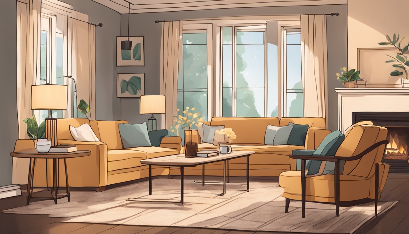 A cozy living room with soft lighting, comfortable seating, and a small table set with tea and tissues, creating a warm and inviting space for end-of-life discussions