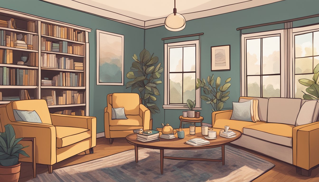 A cozy living room with soft lighting, comfortable furniture, and a small table set with tea and tissues. A bookshelf filled with resources on end-of-life care and discussion prompts