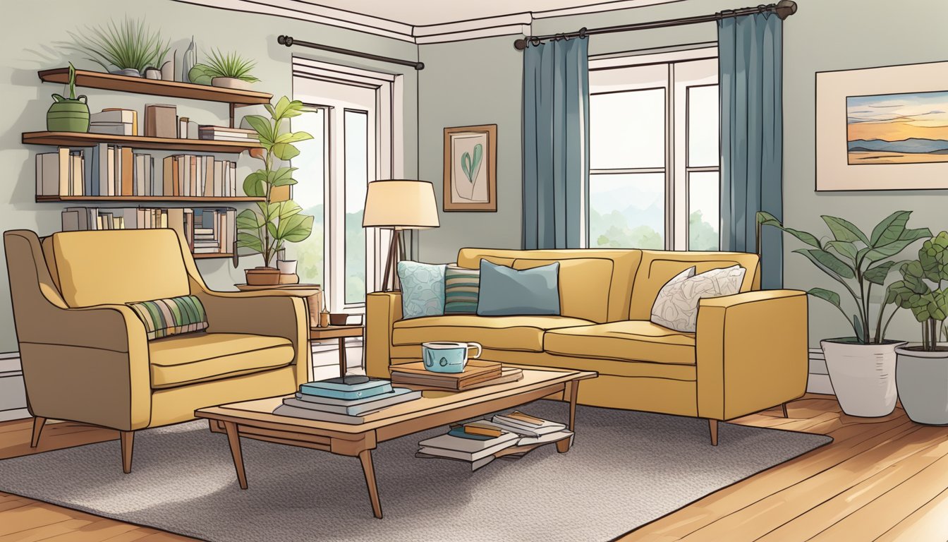 A cozy living room with soft lighting, a comfortable chair, and a table with calming activities like coloring books and puzzles