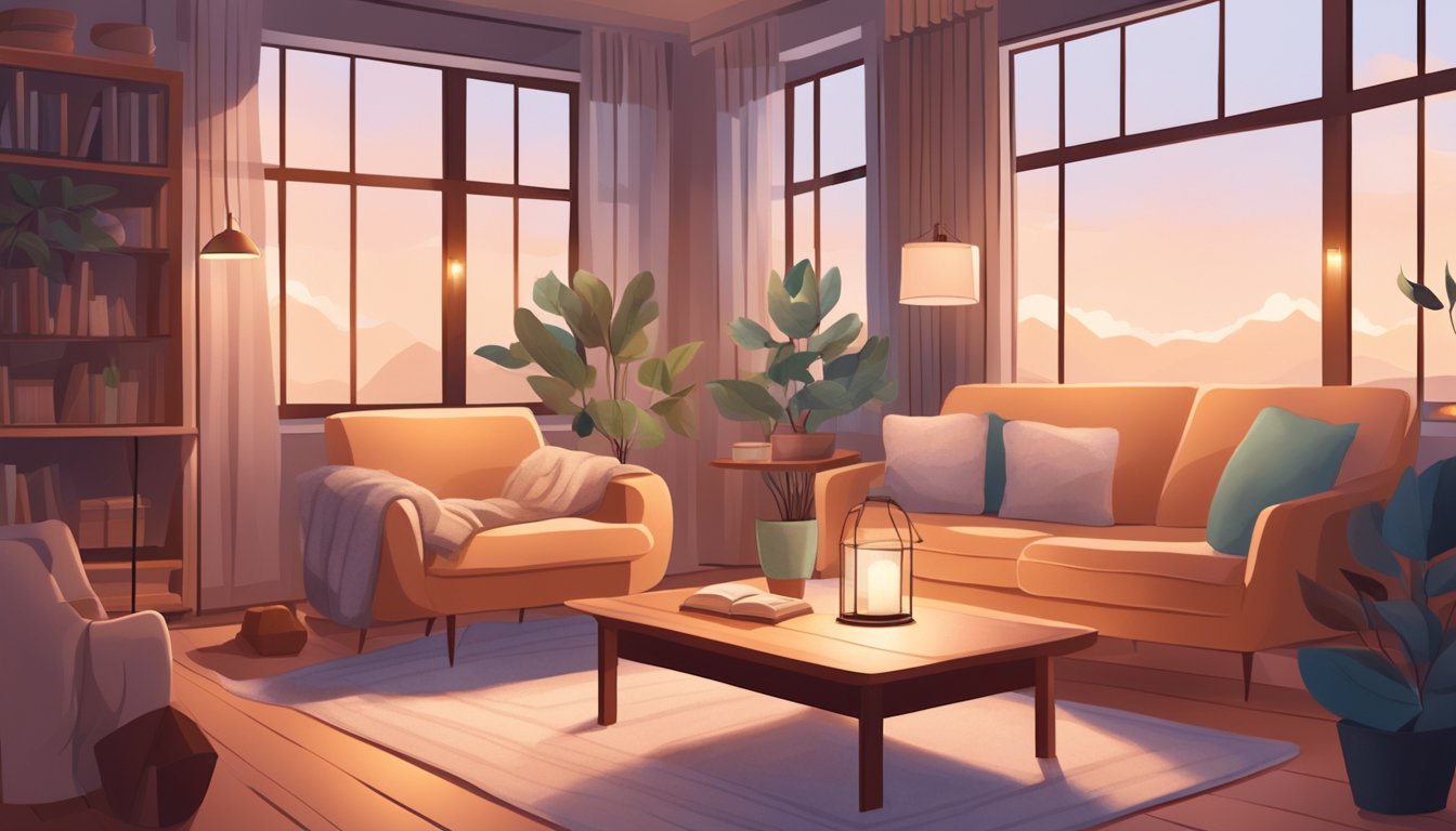 A cozy living room with soft lighting, a comfortable armchair, and calming decor. A person sits with a journal, practicing mindfulness and deep breathing