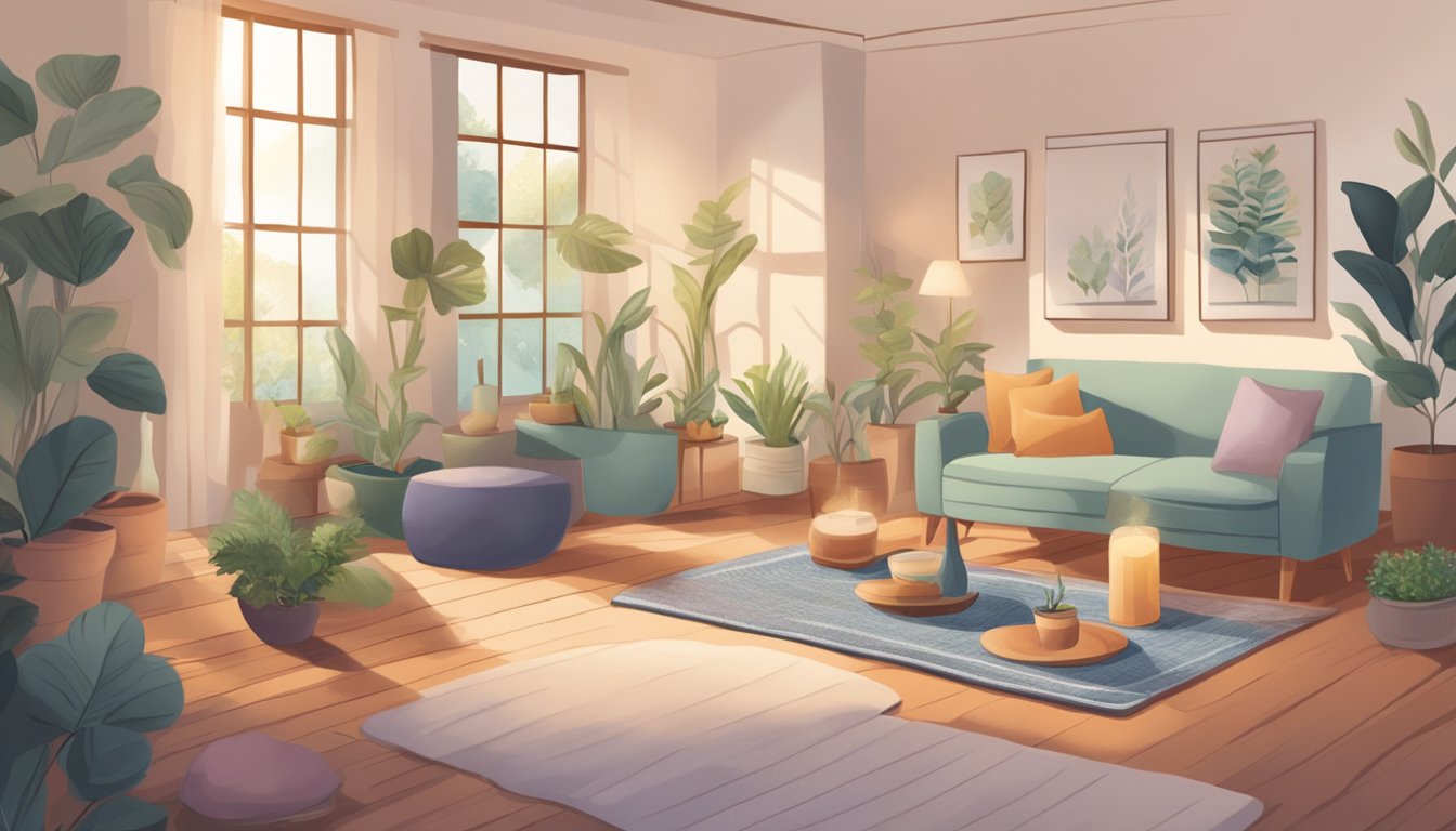 A cozy home setting with calming decor, essential oils, herbal teas, and relaxation tools such as a yoga mat and soothing music