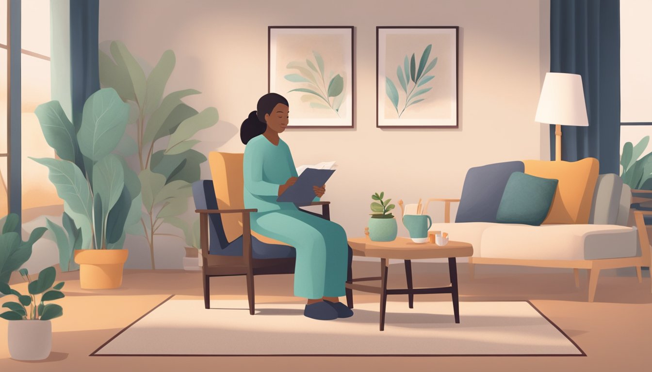 A serene home care setting with a cozy living room, soft lighting, and a peaceful atmosphere. A caregiver is seen using relaxation and anxiety management techniques with a patient