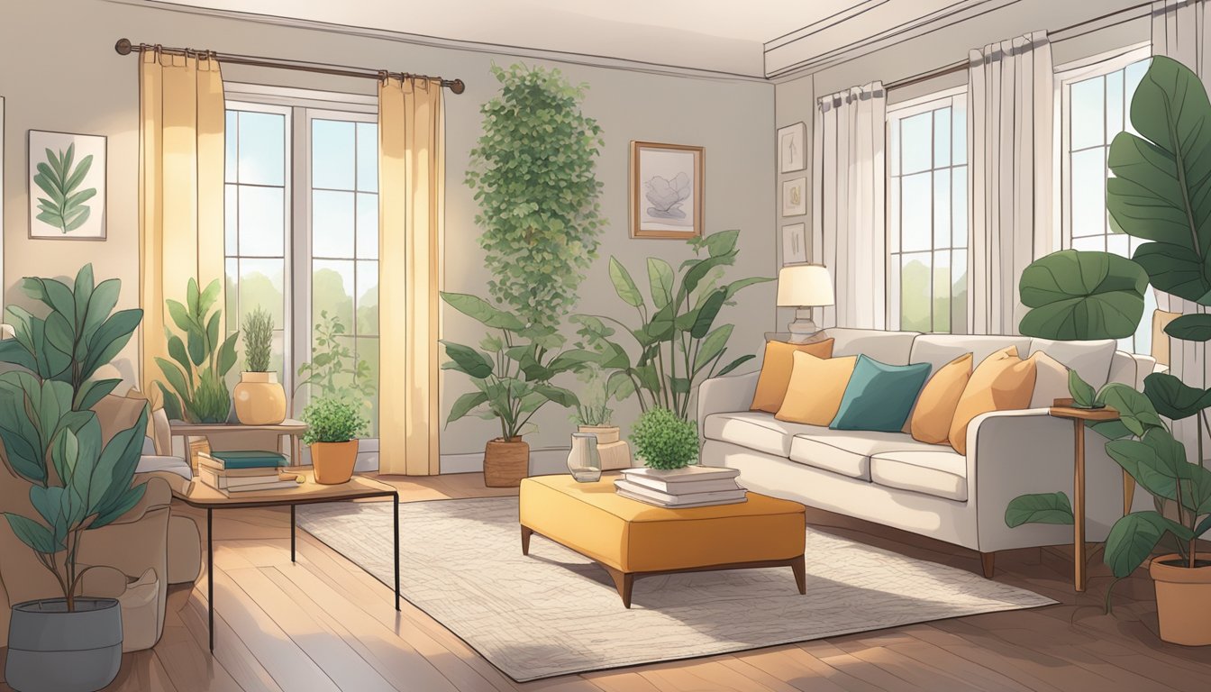 A cozy living room with soft lighting, a comfortable chair, and a table with calming activities like coloring books and puzzles. A serene atmosphere with plants and soothing decor