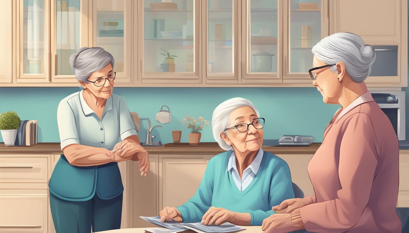 A vulnerable elderly person receiving home care, with a caregiver offering assistance while keeping a watchful eye on their financial assets