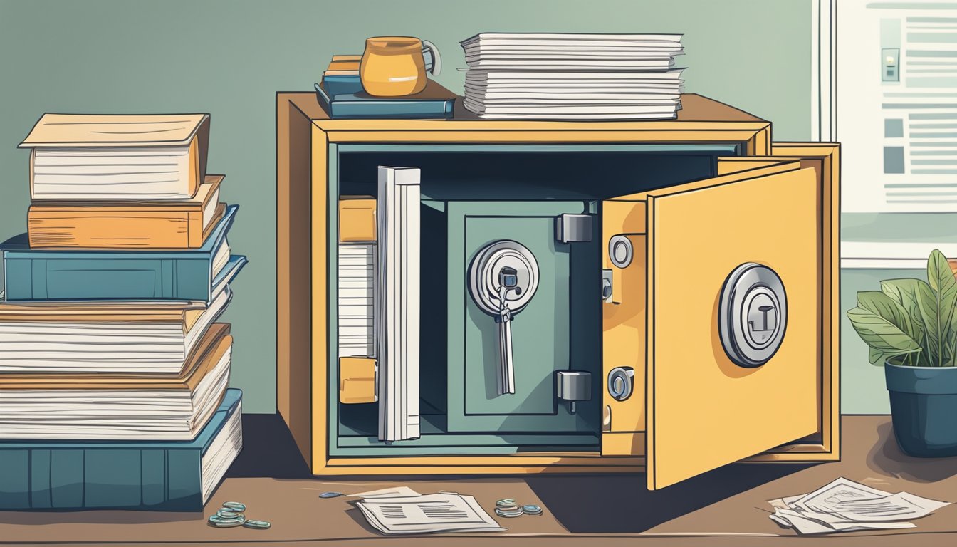 A locked safe with a key, surrounded by documents and financial records, symbolizing protection against financial abuse in home care