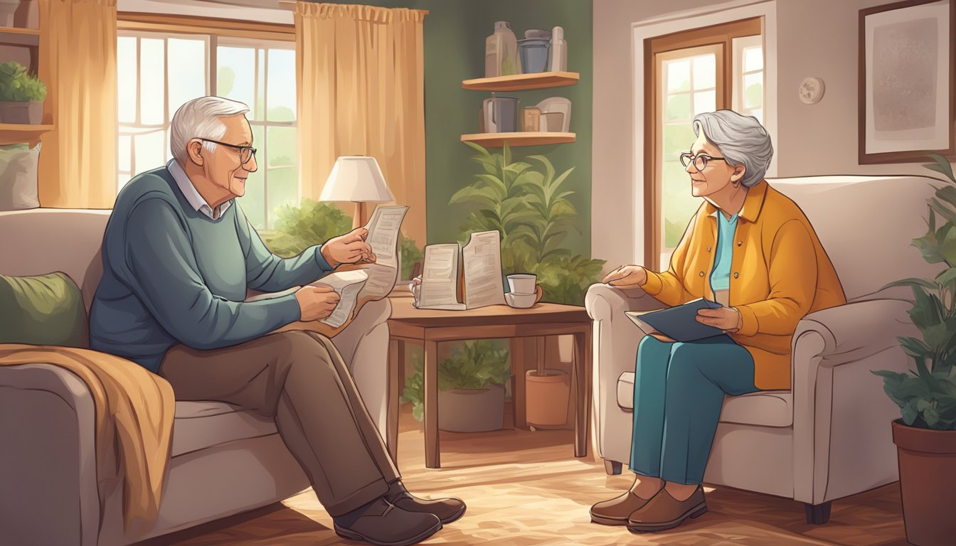 A caregiver and an elderly person discussing financial protection measures in a cozy home setting