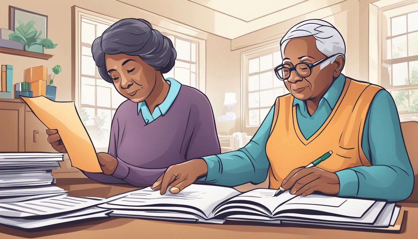 A home care worker assists an elderly person with financial paperwork, while a resource guide on preventing financial abuse sits nearby