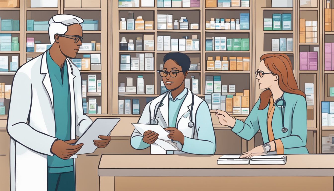 A person receiving a prescription from a pharmacist, while a healthcare provider discusses follow-up care and transition plans