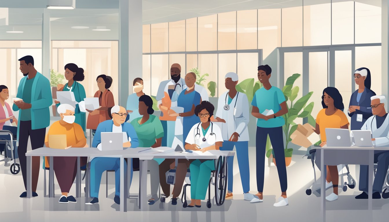 A diverse group of people with various medical conditions gather in a bustling healthcare facility, receiving and managing their prescriptions and healthcare needs during a transition between states