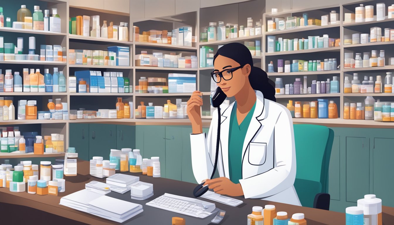 A pharmacist consulting with a patient over the phone, surrounded by shelves of prescription medications and healthcare resources