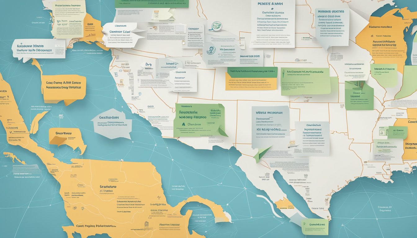 A stack of paper with various moving company logos and price quotes, a map of the United States with routes highlighted, and a calculator on a desk