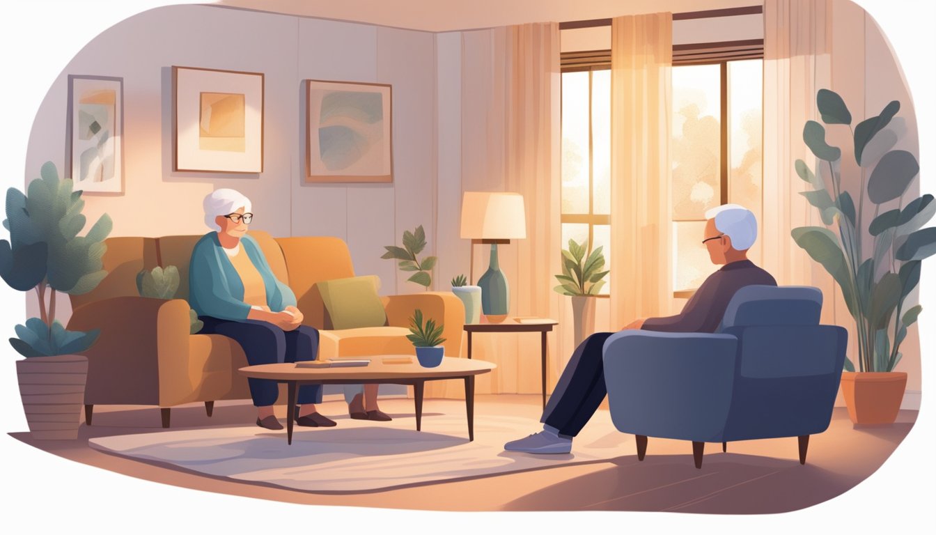 A cozy living room with soft lighting, comfortable furniture, and calming décor. A caregiver sits beside a person with Alzheimer's, offering reassurance and support