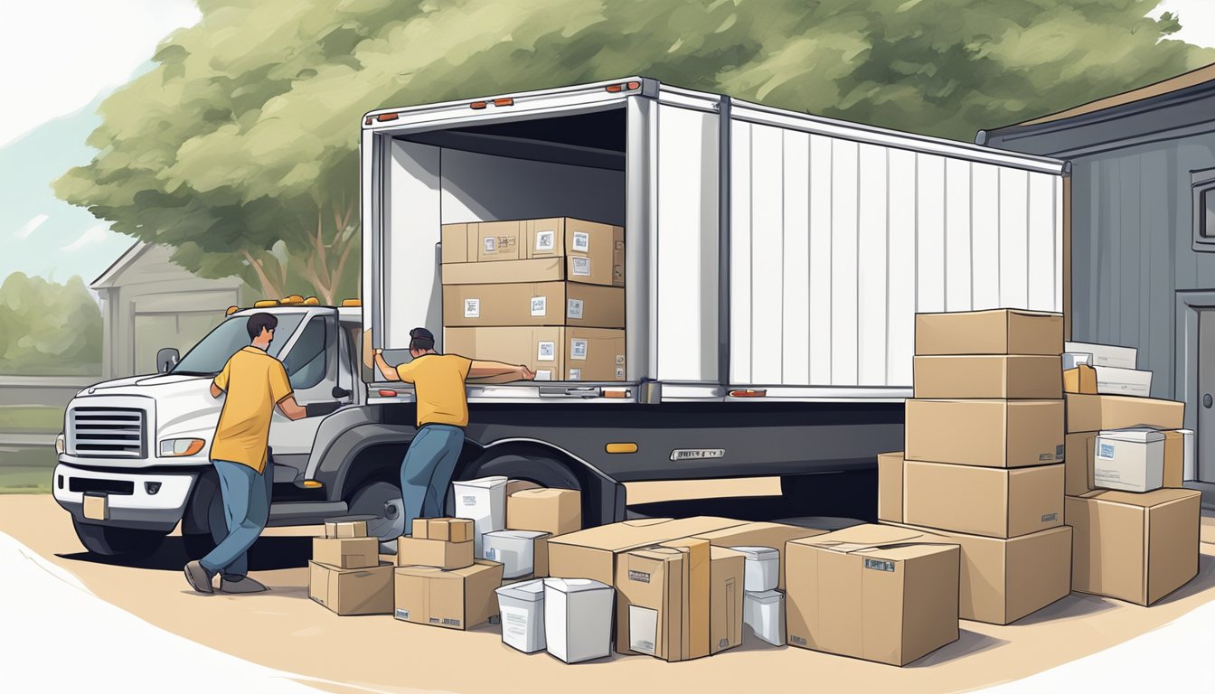 A family heirloom box being carefully packed into a moving truck, surrounded by other packed items and labeled boxes