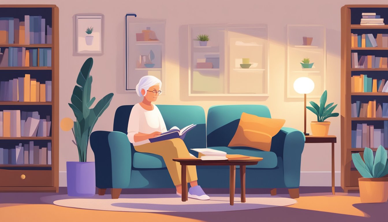 A cozy living room with soft lighting, comfortable furniture, and shelves filled with books and resources on Alzheimer's care. A caregiver sits at a table, reviewing a helpful guide