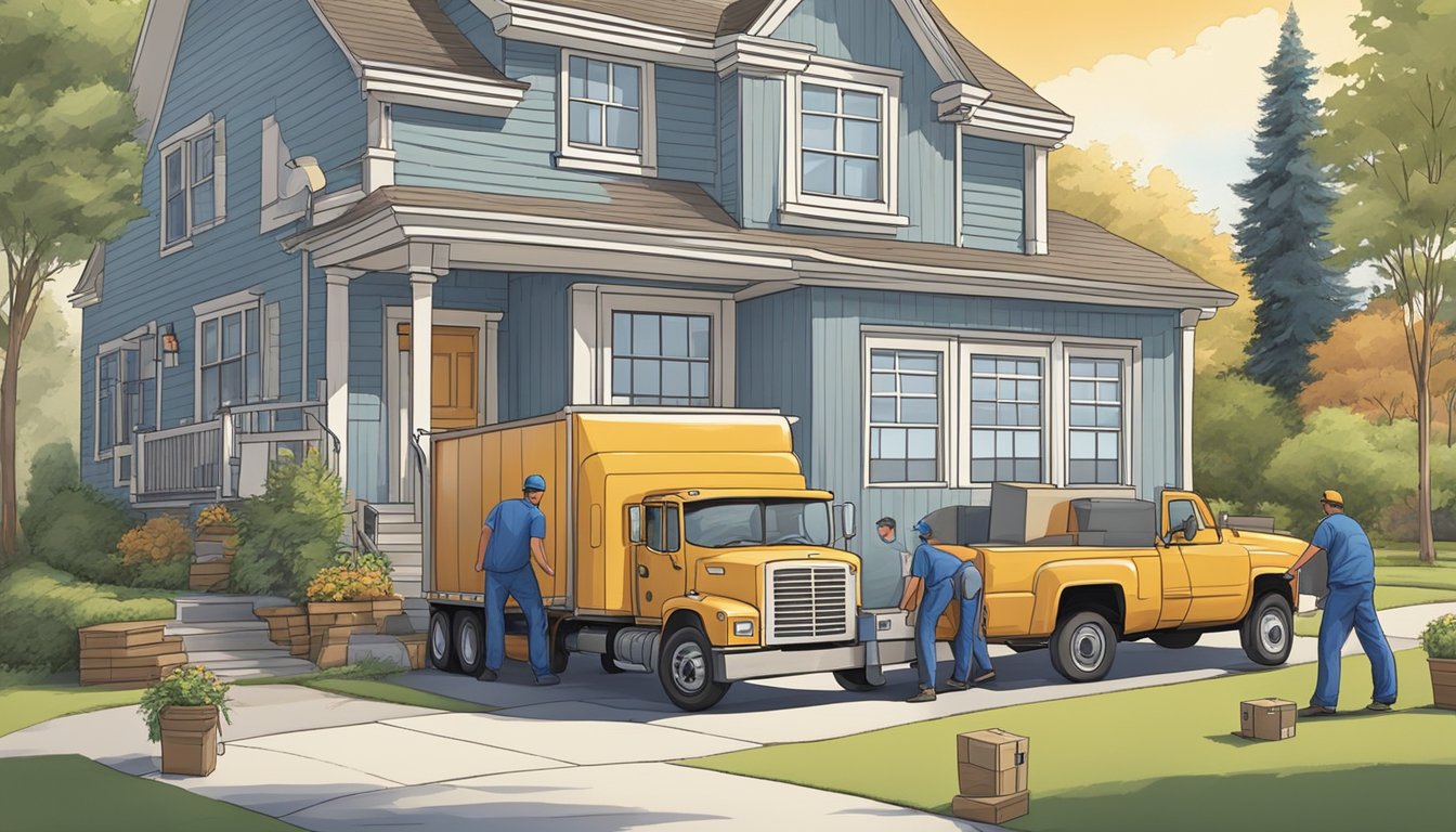 A moving truck parked in front of a suburban home, with workers loading furniture and boxes onto the truck