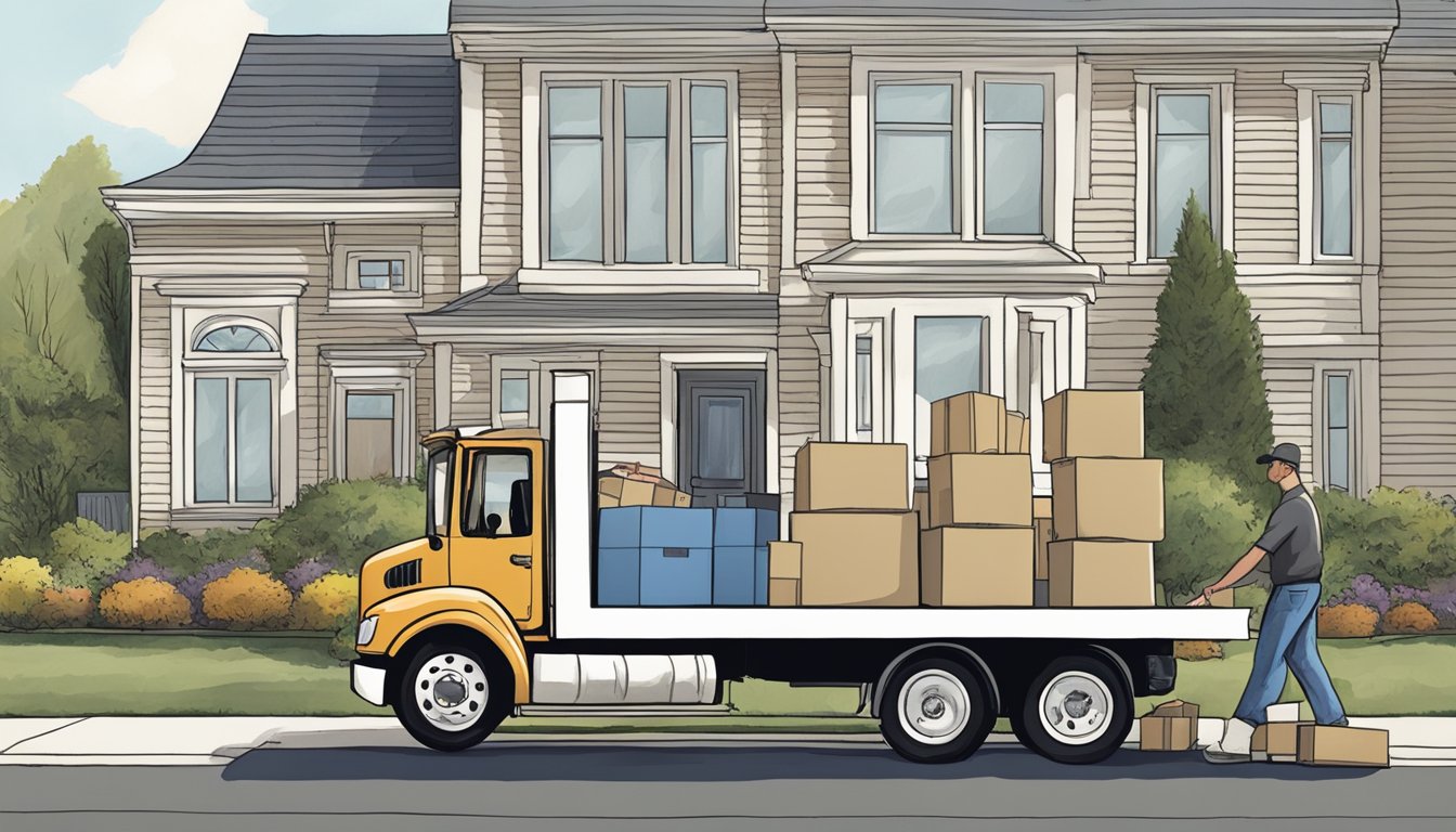 A moving truck parked outside a suburban home, with boxes labeled "heirlooms" being carefully unloaded by movers onto the front porch