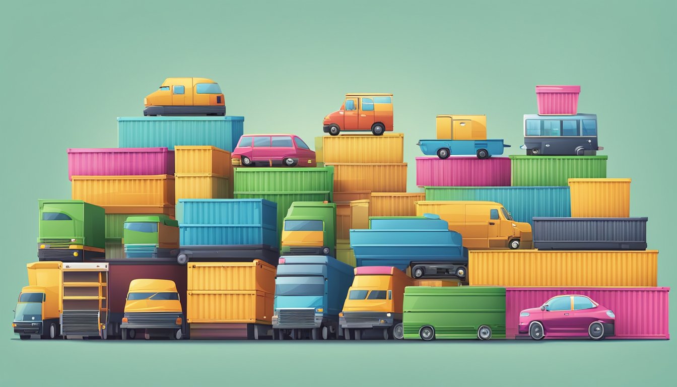 A stack of colorful moving boxes surrounded by various transportation options