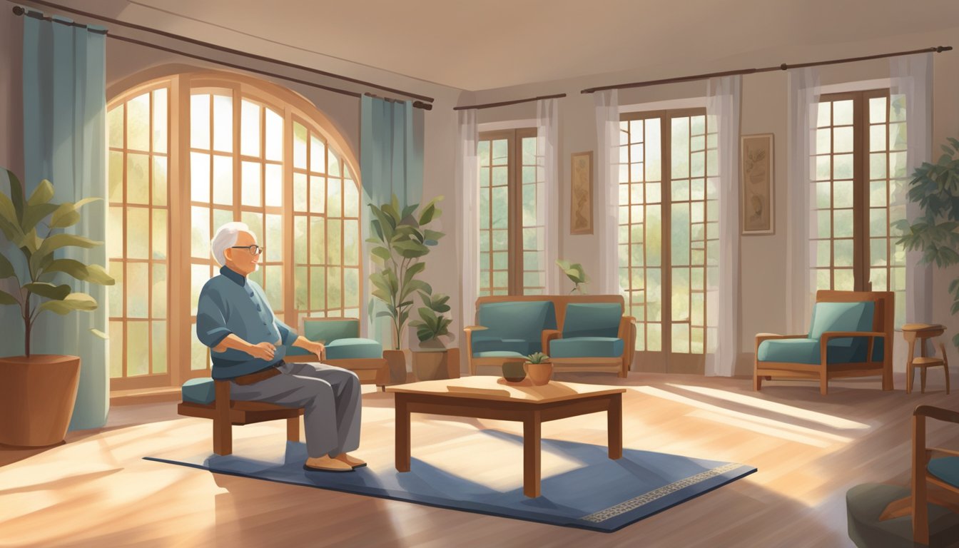 An elderly person practicing Tai Chi in a peaceful home setting, surrounded by comfortable furniture and natural light filtering through the windows