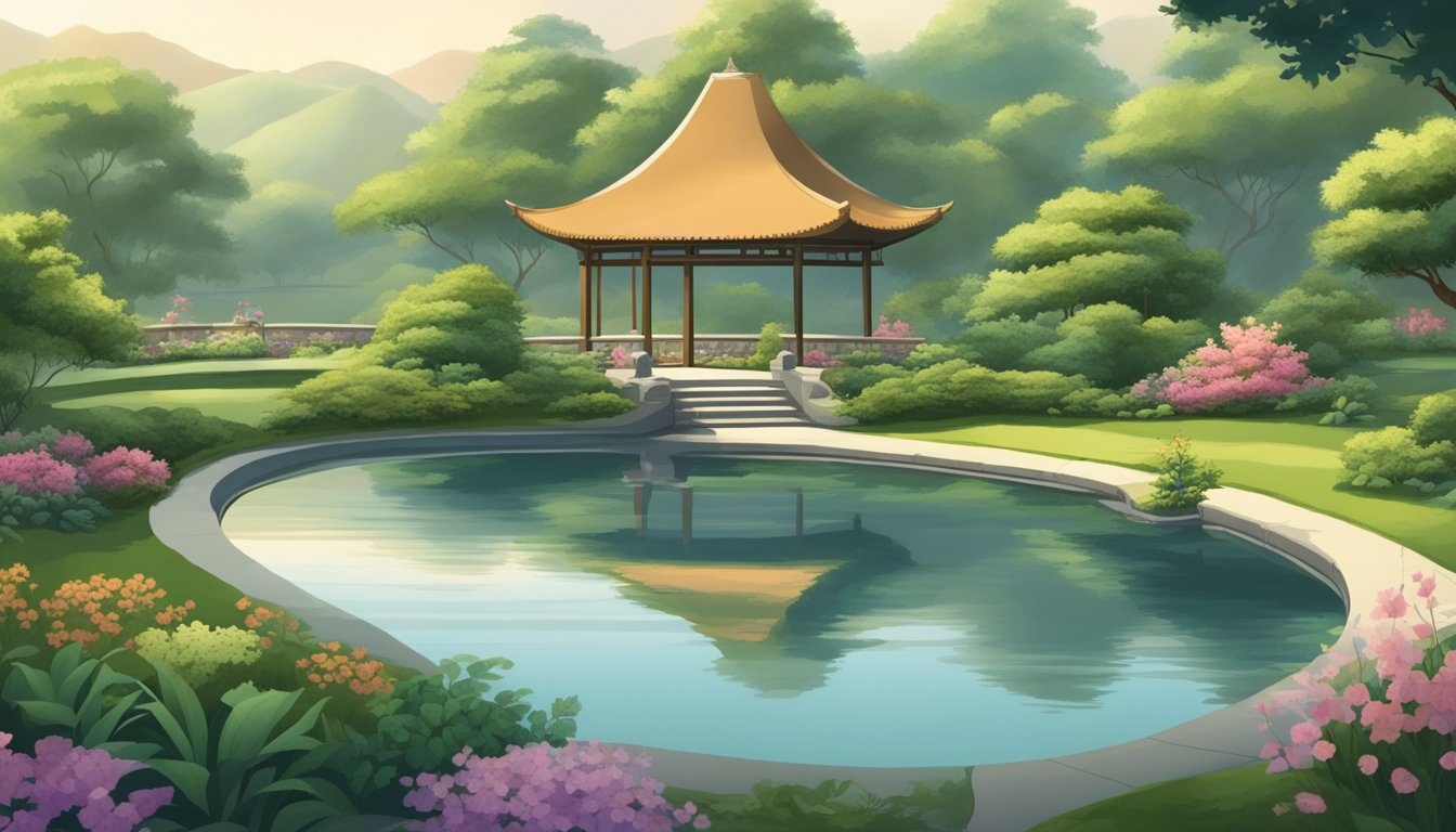 A serene garden with a winding path, surrounded by lush greenery and a tranquil pond, where an elderly person practices Tai Chi