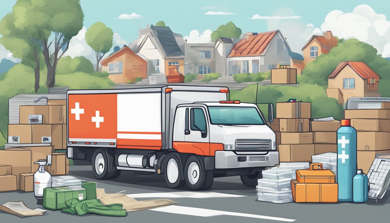 A moving truck loaded with boxes, a first aid kit, fire extinguisher, and emergency supplies. A map and GPS sit on the dashboard