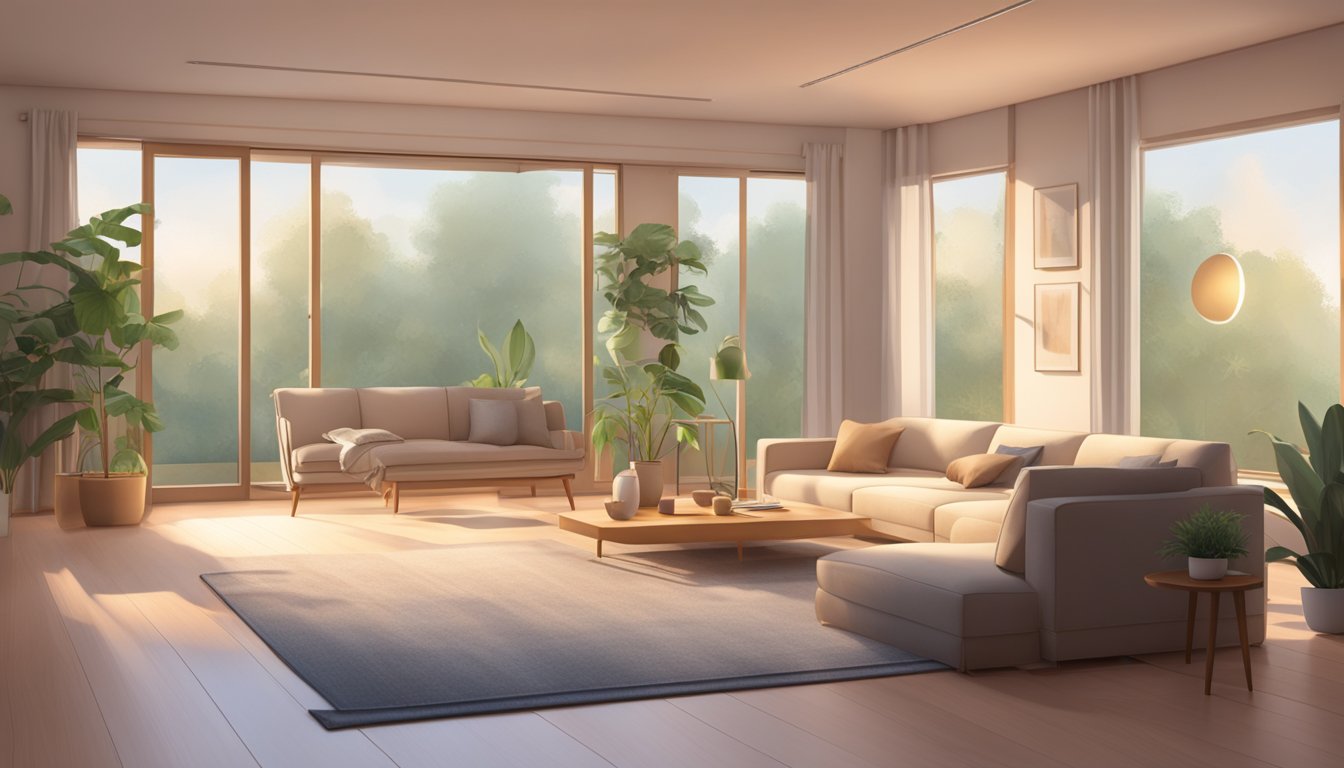 A serene living room with soft lighting, a peaceful atmosphere, and an open space for gentle Tai Chi exercises