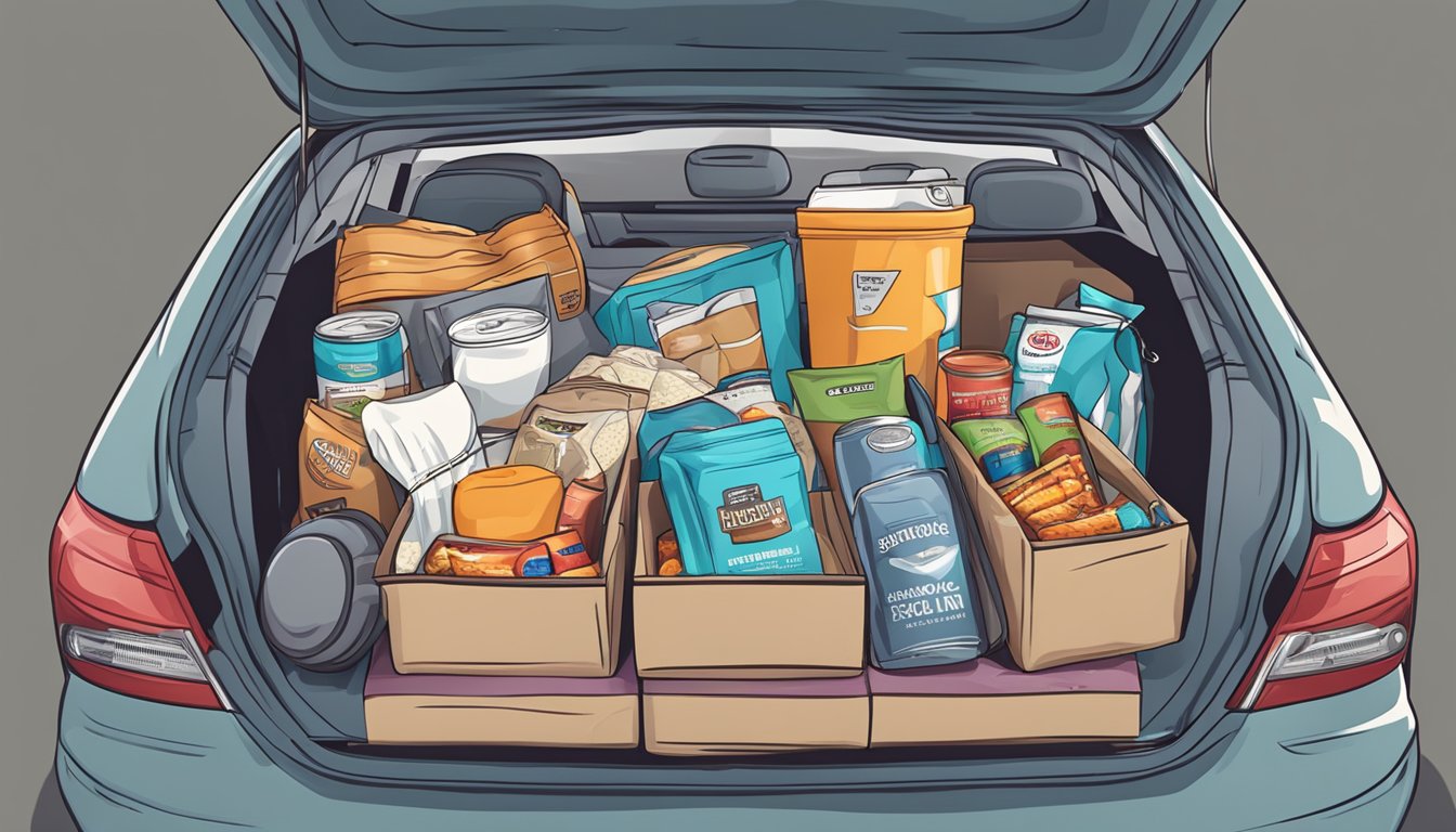 A moving day survival kit with snacks, drinks, pillows, blankets, books, and headphones laid out in a car trunk