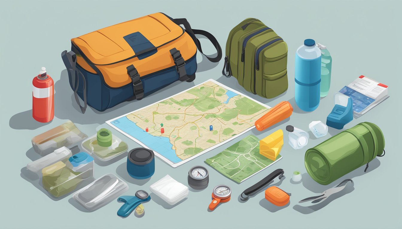 A table covered in survival kit items: flashlight, first aid kit, water bottles, non-perishable food, map, compass, and multi-tool