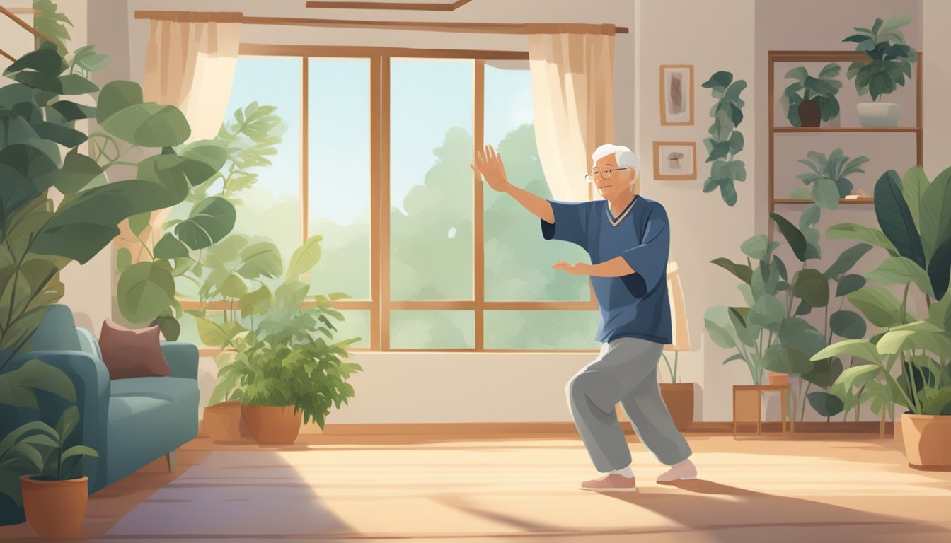 An elderly person practicing Tai Chi in a well-lit and spacious living room, surrounded by plants and soft music playing in the background